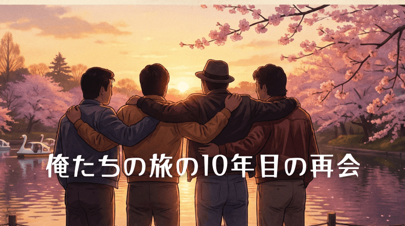 俺たちの旅10年目の再会 - 1980年代の公園で再会する30代の4人の男性のシルエット、夕暮れの温かい光に包まれた懐かしい風景