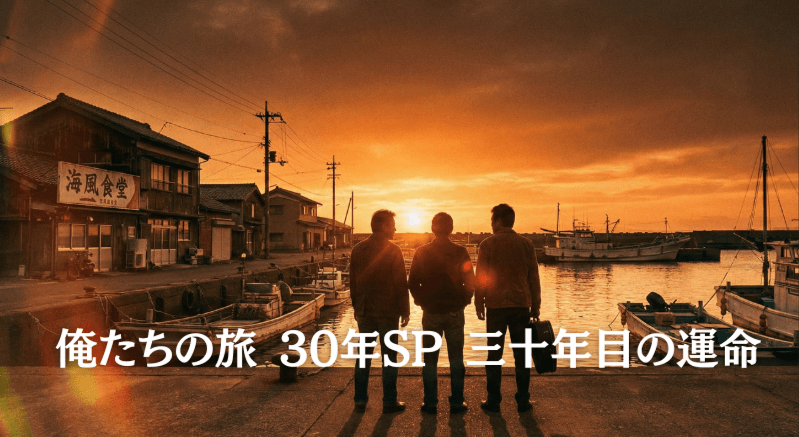 俺たちの旅30年目の運命のイメージ、徳島の海辺で再会した3人の友人を表現した夕焼けのシルエット画像