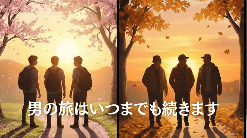 俺たちの旅の続編 - 10年、20年、30年、50年と時を経て続く3人の友情の旅路を表現したイメージ