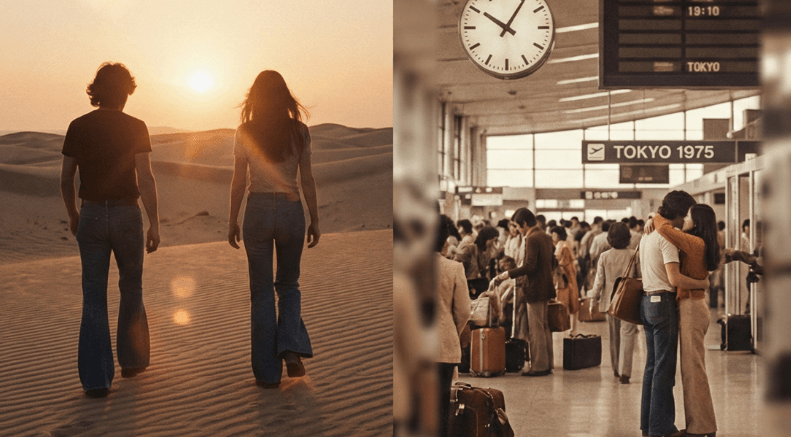 俺たちの旅 最終回あらすじ - 砂丘での別れ、空港シーンなど、象徴的な場面を統合したイメージ