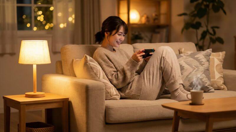 自宅のリビングでNintendo Switchのインディーゲームをリラックスして楽しむ女性