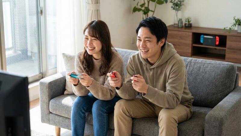 友人同士でNintendo Switchの協力プレイ対応インディーゲームを楽しむ人