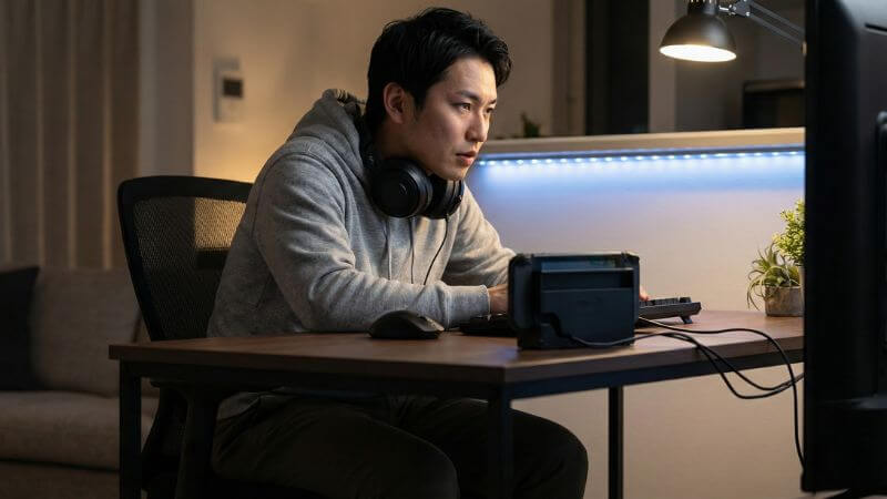 デスクセットアップでNintendo SwitchのRPGやローグライクゲームに集中するゲーマー