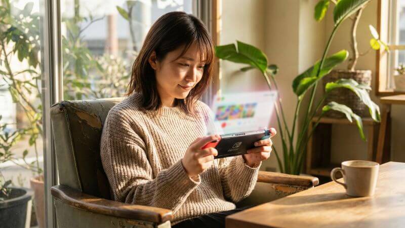 Nintendo Switchのeショップでインディーゲームのセール情報をチェックする女性
