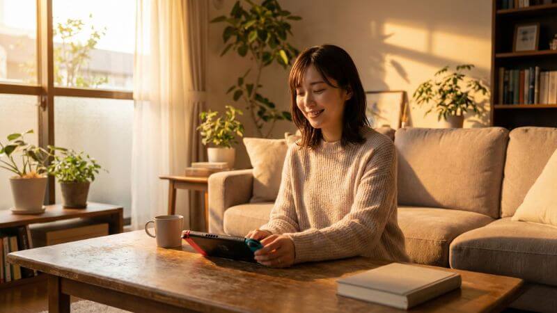 Nintendo Switchのインディーゲームを満喫し満足した表情のゲーマー