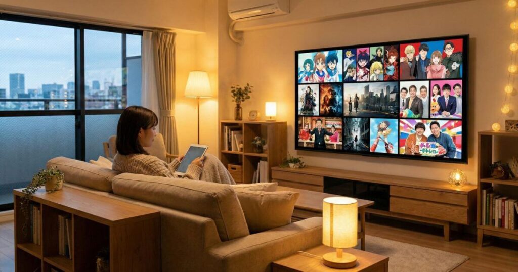 DMM TVの動画配信サービスを大画面テレビで楽しむ様子