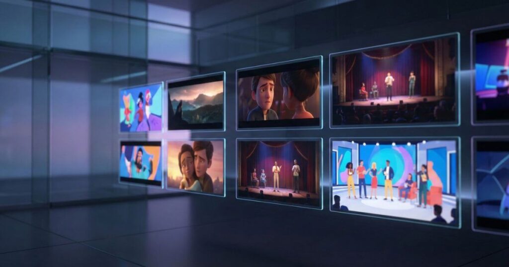 DMM TVの豊富なコンテンツラインナップを表現した複数のサムネイル画像