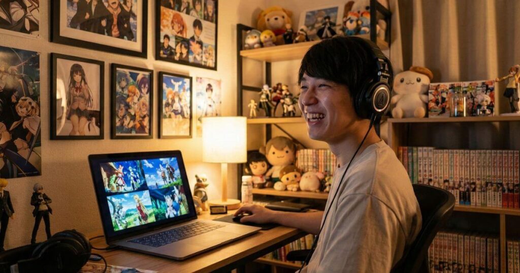 ノートパソコンでDMM TVのアニメを視聴する若者