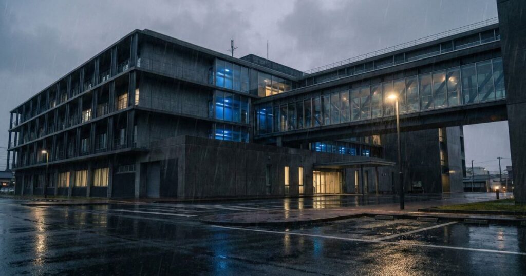 雨の降る夕暮れ時の警察学校の校舎外観。教場シリーズの重厚でミステリアスな雰囲気を象徴する風景。