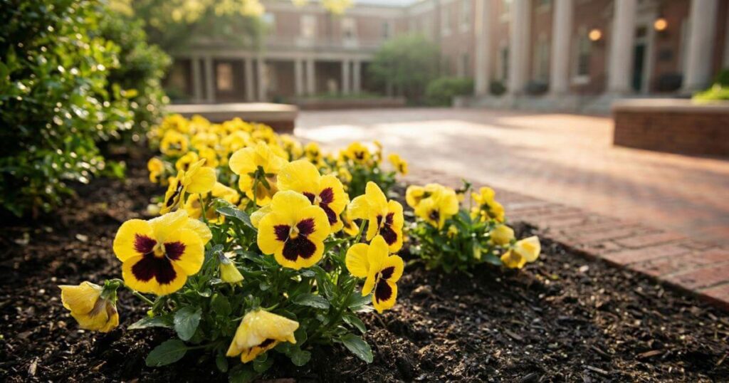 警察学校の中庭に咲く黄色い花の花壇。風間公親が育てている花壇をイメージさせる、静寂と美しさが共存する風景。