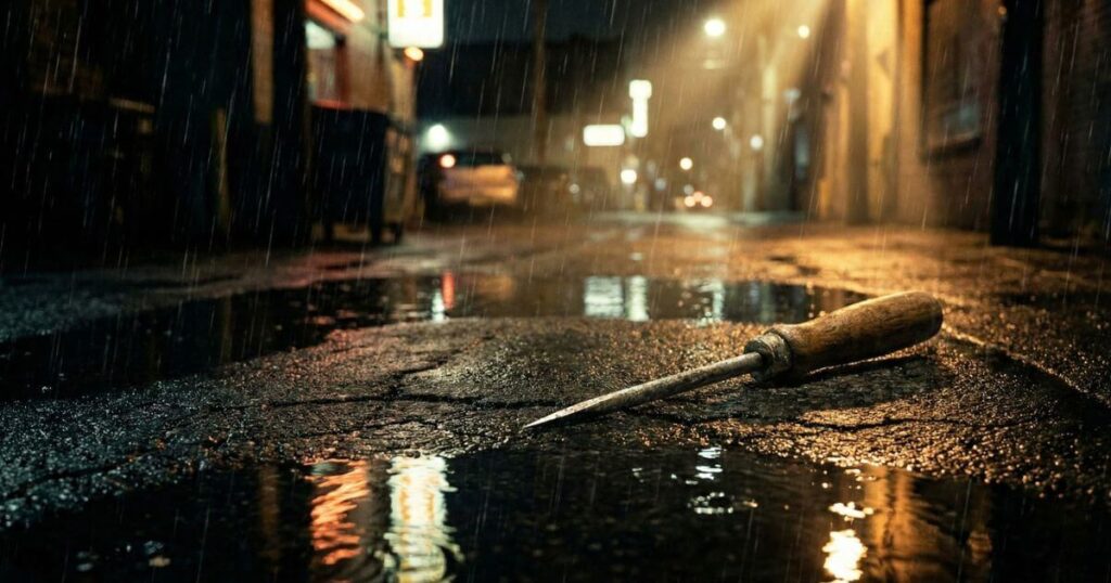 雨の降りしきる夜のアスファルトに落ちているアイスピック。教場IIのラストシーンで凶器となったアイテムを象徴する画像。