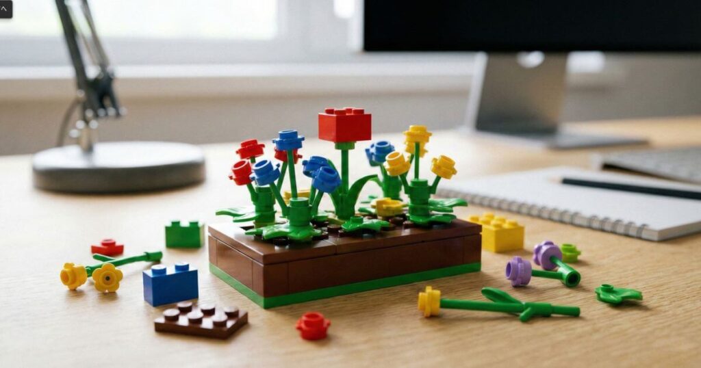 デスクの上に置かれた、ブロックで作られた花壇のミニチュア。特別編のラストシーンで登場した謎のアイテムの再現イメージ。