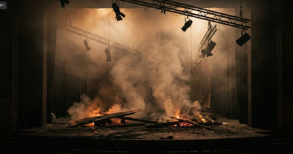 煙と火の粉が舞う講堂のステージ。映画版で描かれる卒業式会場の爆破シーンやクライマックスの激闘を予感させる画像。