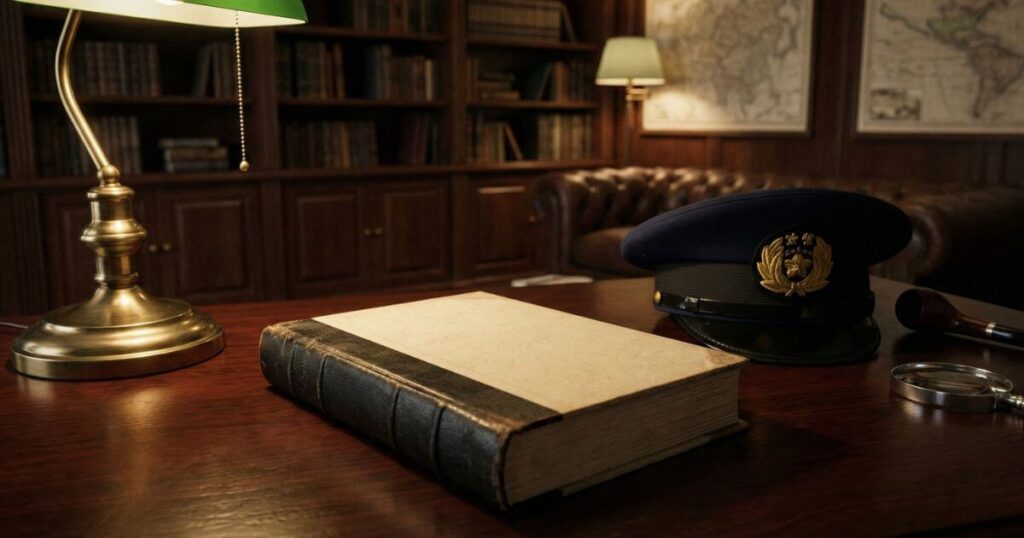 重厚な机の上に置かれた小説本と警察官の制帽。原作小説とドラマ版の設定の違いや、警察組織の規律を対比的に表現したイメージ。